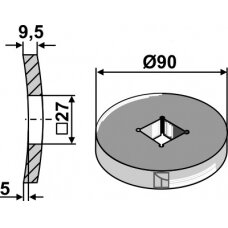 Privirinamas žiedas Ø90, 9,5 mm storio, 26x26 kvadratiniam velenui