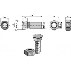 Plūgo varžtas su veržle, M16x2x50, 031951